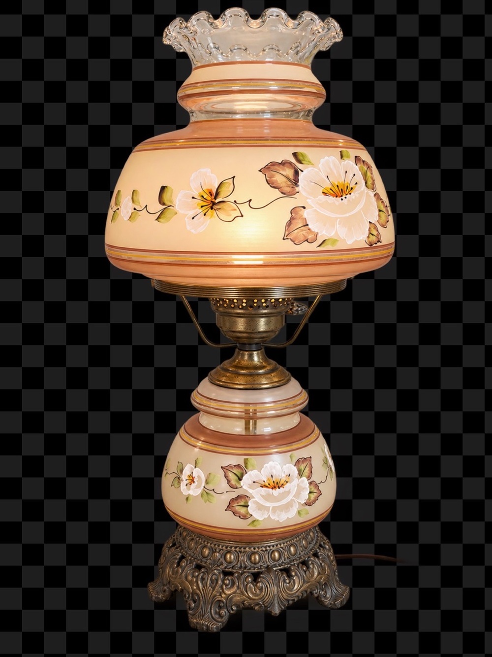Hand-Painted Floral Glass Lantern Lamp - Beige and White